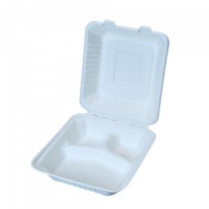 8 inch GetBio® Disposable Sugarcane 3 comparts Bagasse Clamshell Box