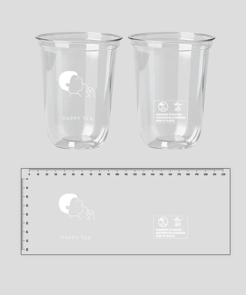 u shape clear plastic cup with logo designs on