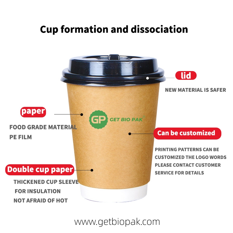compostable customized kraft jacket hot coffee insulated double wall paper cups with lid