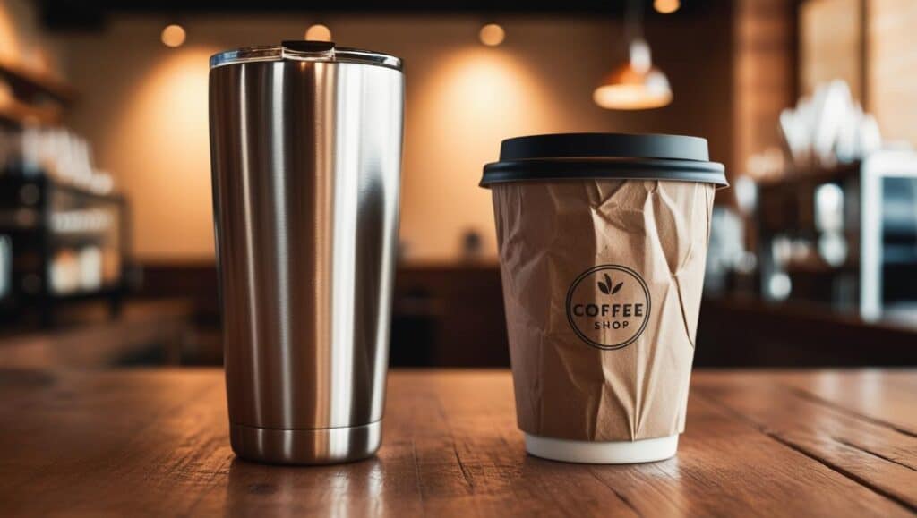 reusable steel coffee cup vs disposable paper coffee cup in a coffee shop