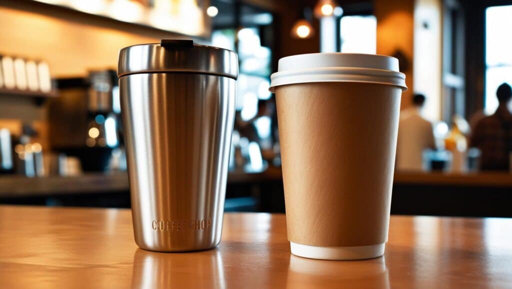 reusable steel coffee cup vs disposable paper coffee cup in a coffee store 1