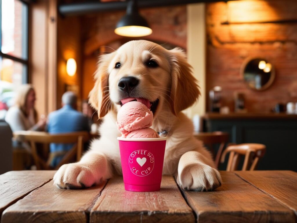 dog or cat eat ice cream in pup cup coffee shop