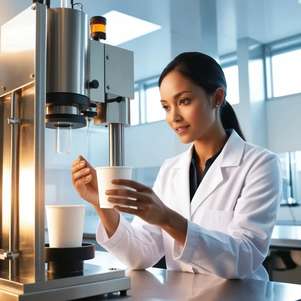 plastic free paper cup test in lab, a women operaion a test machine