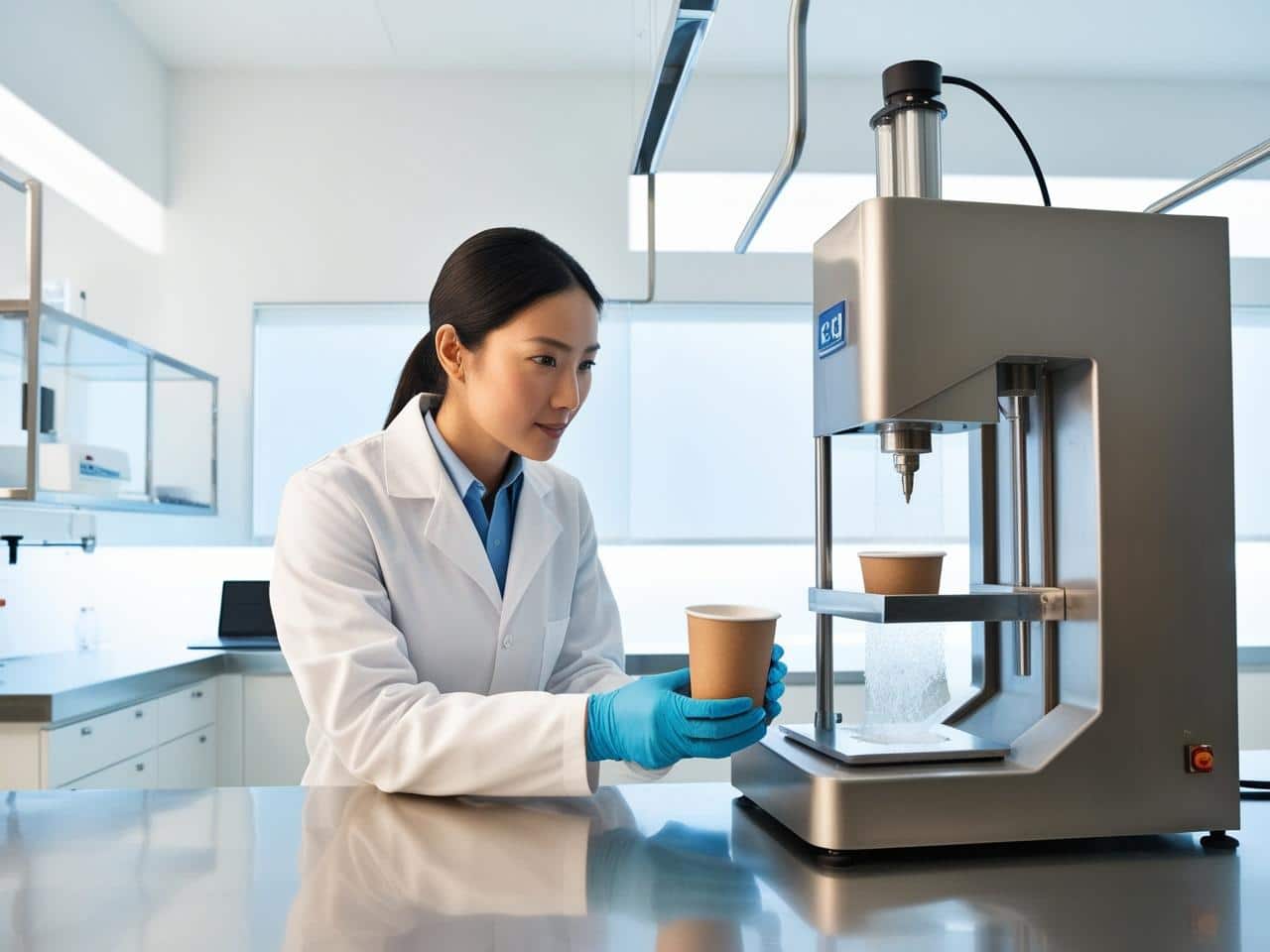 plastic free paper cup test in lab, a women operaion a test machine