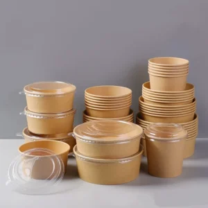 500ml 750ml 1100ml 1300ml kraft paper round salad bowl with clear lid