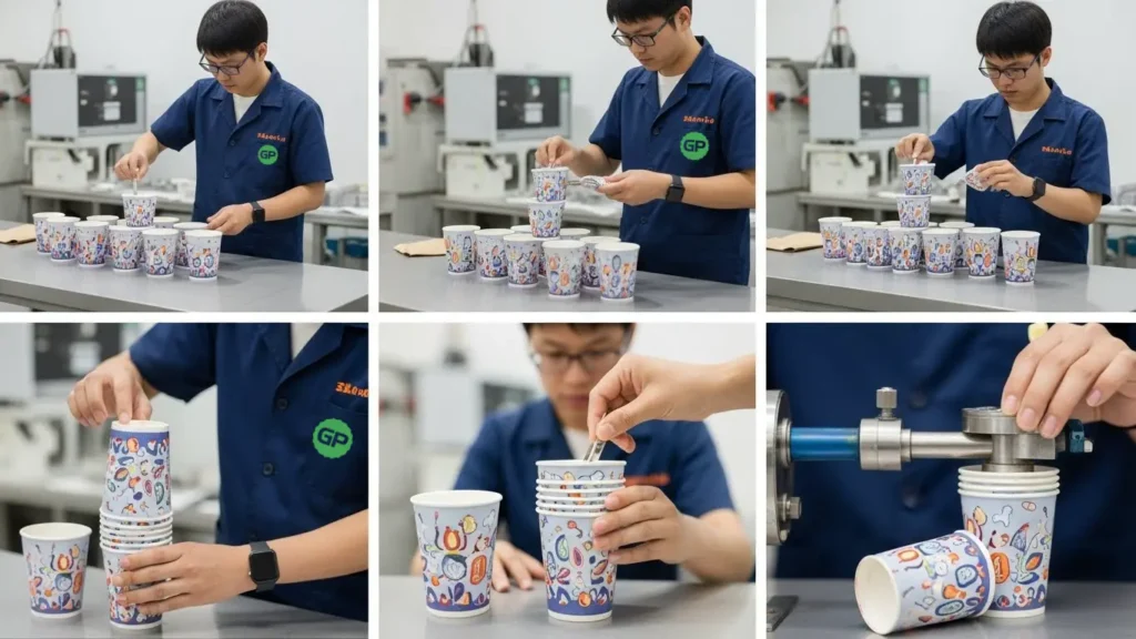 custom coffee cup workers testing on leak