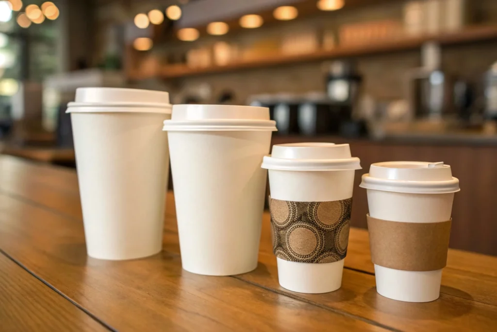 a lineup of disposable paper cups in different siz